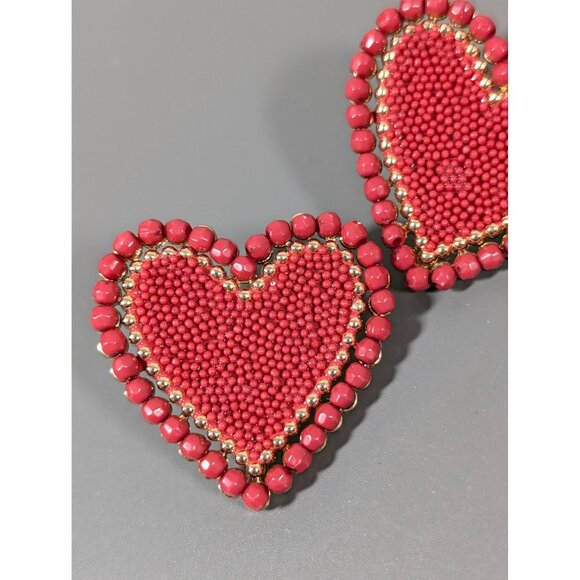 Red Beaded Heart Earrings Bold Statement Gold Tone Valentines Love - Picture 4 of 6